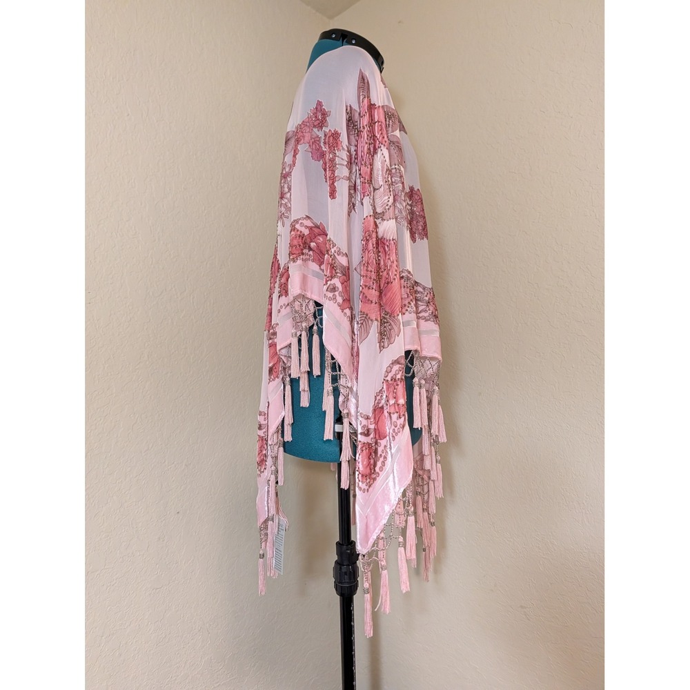 Cache Pink Floral Devore Burnout Velvet Poncho Beaded Tassel Fringe Silk OS NWT - Picture 7 of 7